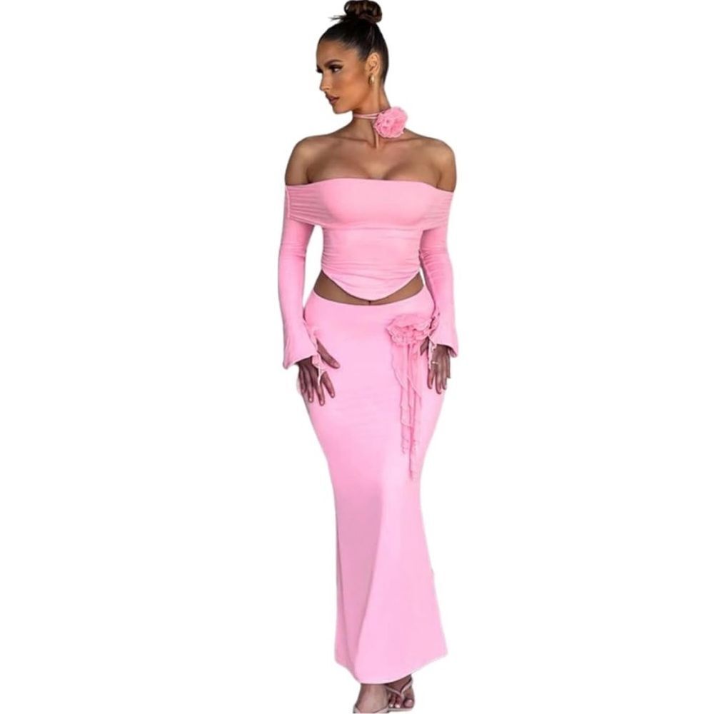 Pink 2 Piece Set Off the Shoulder Long Sleeve Crop Top & Skirt Size L NEW